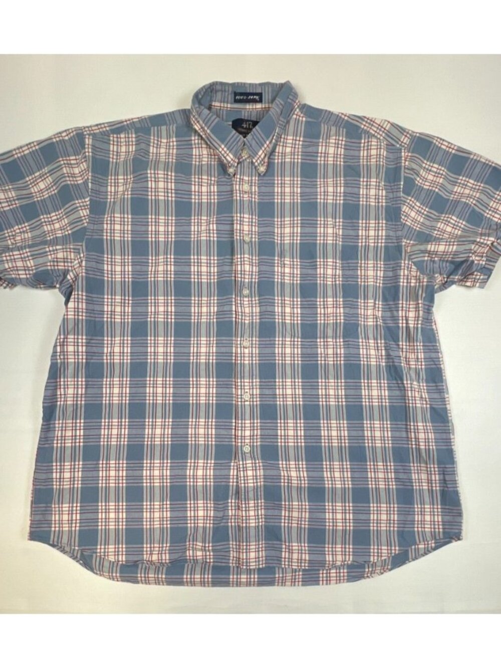 Van Heusen 417 Men L Blue Red Plaid Short Sleeve Button Up Shirt Cotton Blend